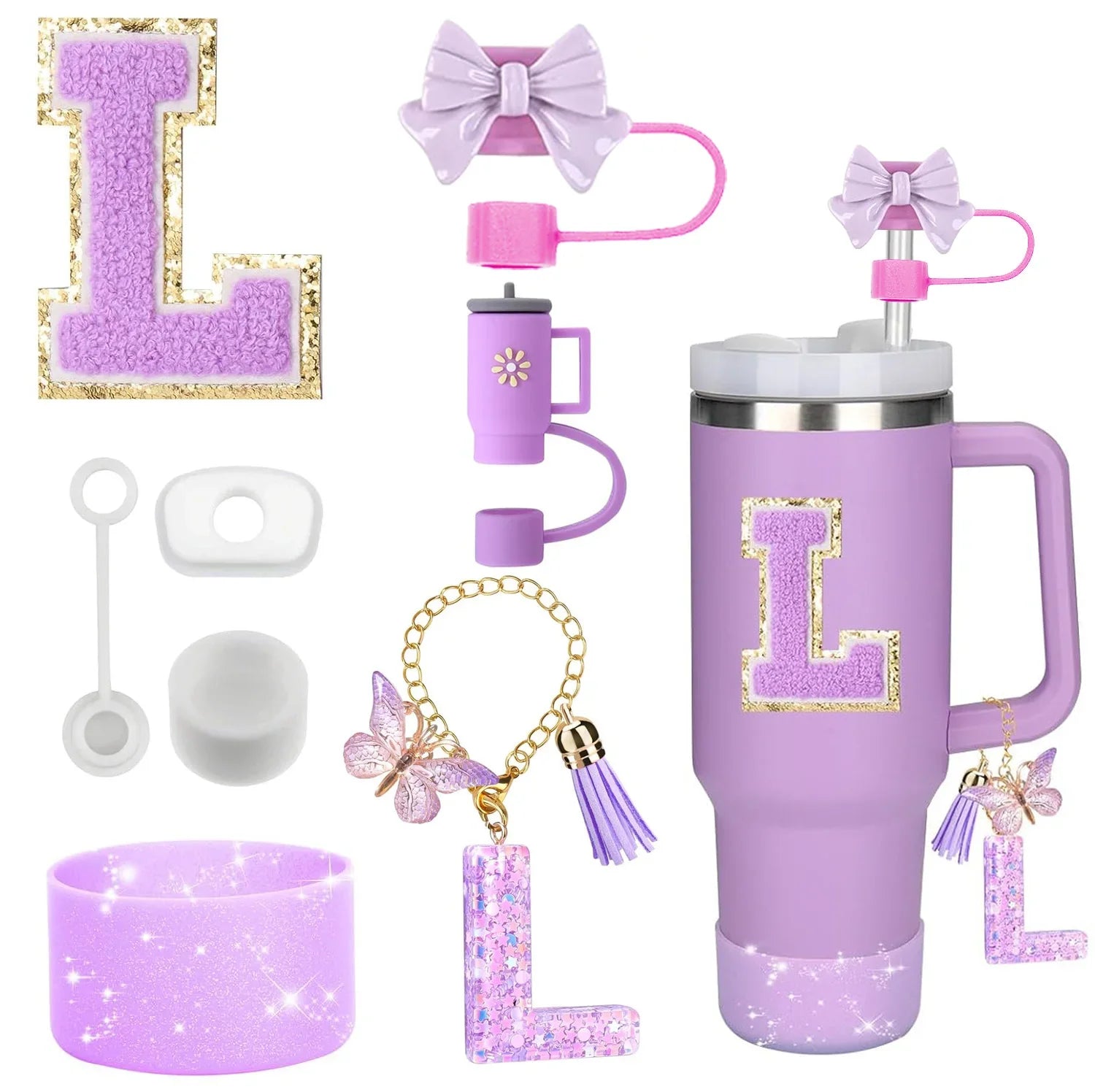 8-Piece Purple Tumbler Accessory Set — Silicone Straw Topper & Personalized Charms