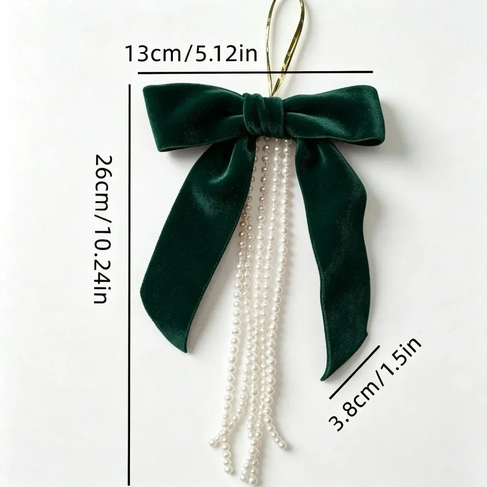 Pearl Flocking Bow Ornament — Festive Holiday Tree Hanging Pendant