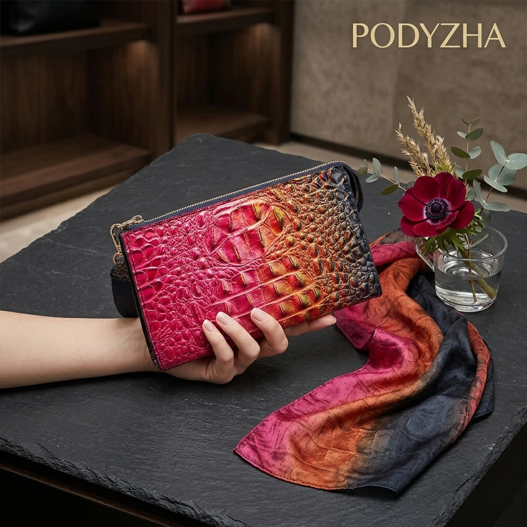 Crocodile Embossed Crossbody Wristlet — Versatile Clutch Bag with Adjustable Strap