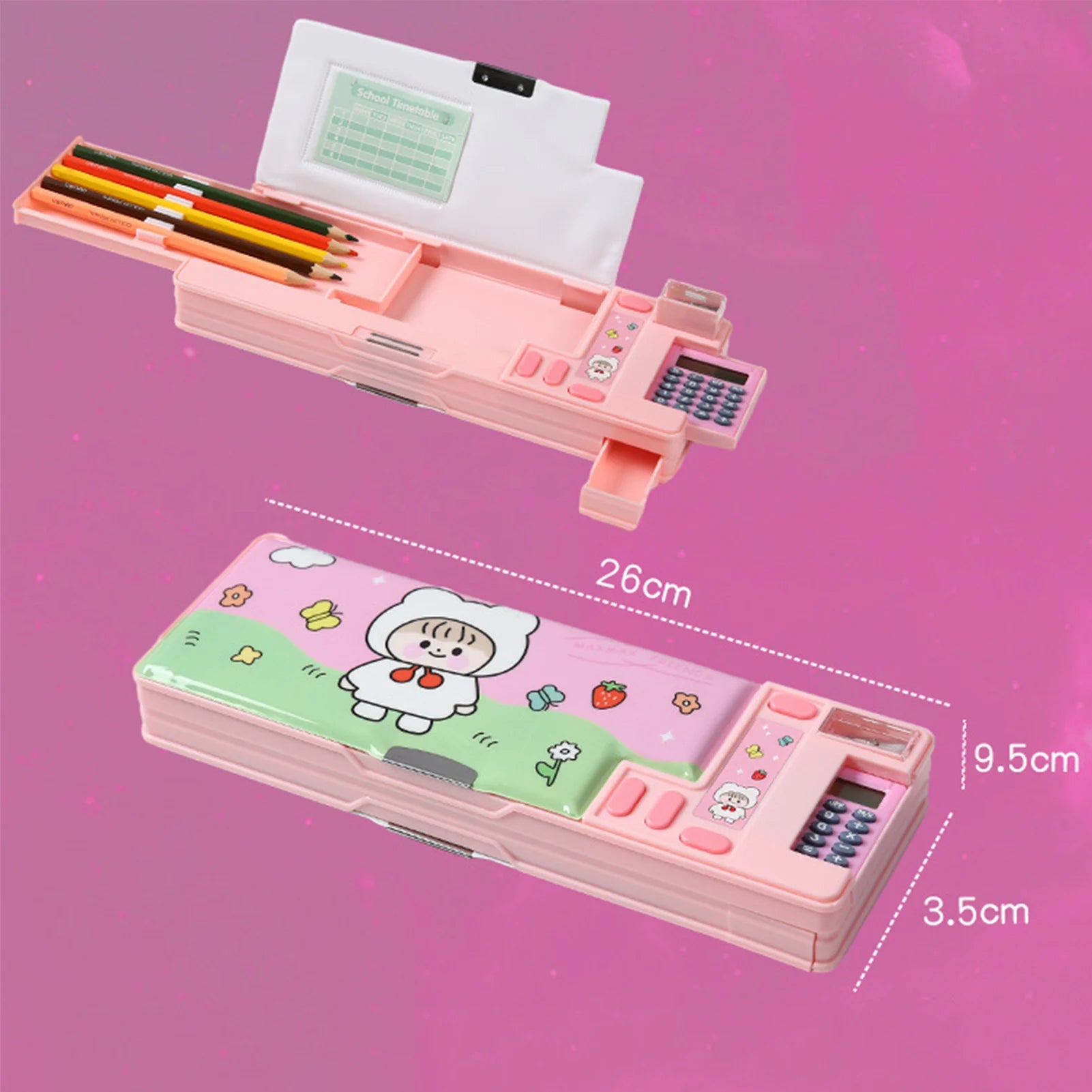 Multifunctional Cartoon Pencil Case — Built-in Calculator & Sharpener