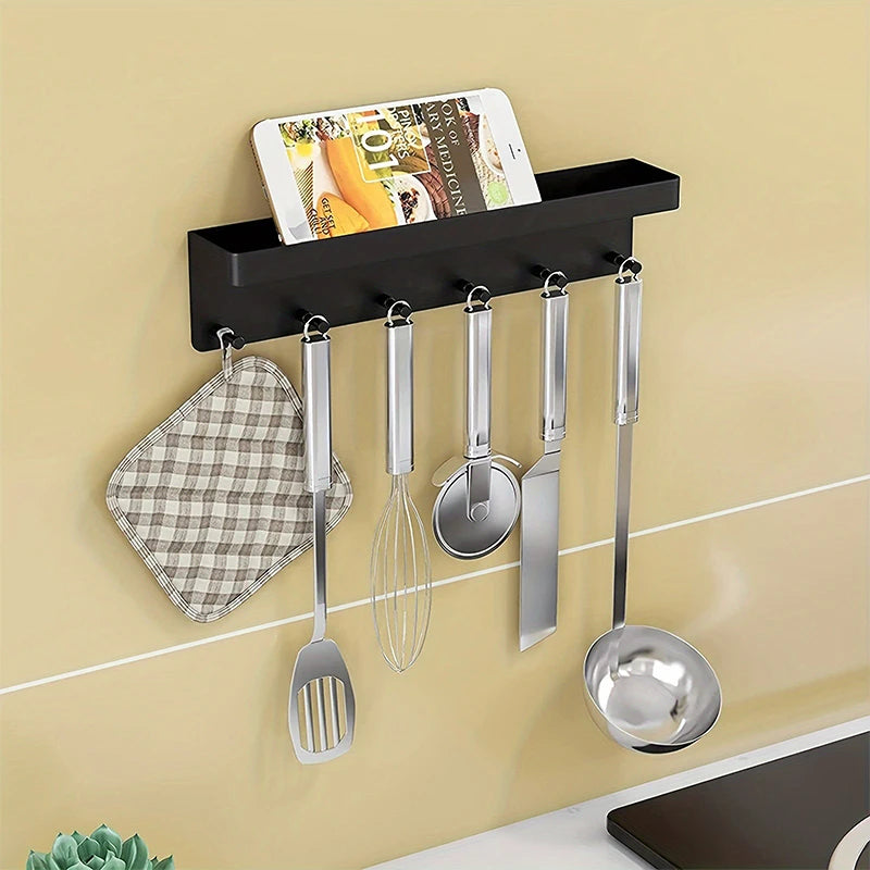 Wall Mounted Storage Rack — Multi-Purpose Organizer with 6 Hooks