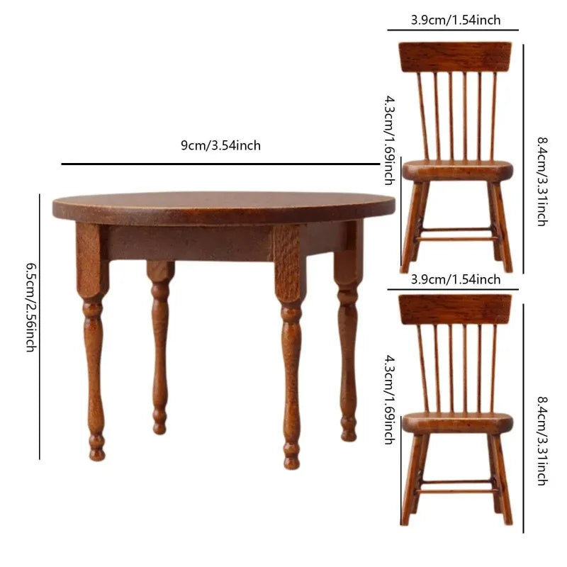 Miniature Wooden Round Table and Chair Set — Dollhouse Furniture Decor
