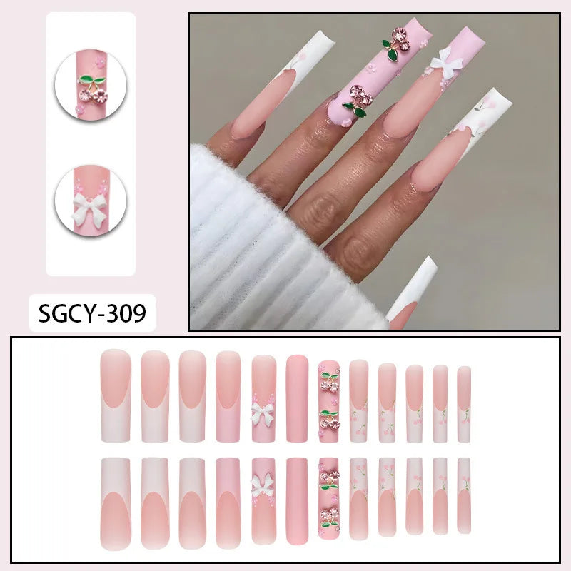 Ultra Long Coffin Press On Nails — 3D Butterfly & Floral Design, 24 Pieces