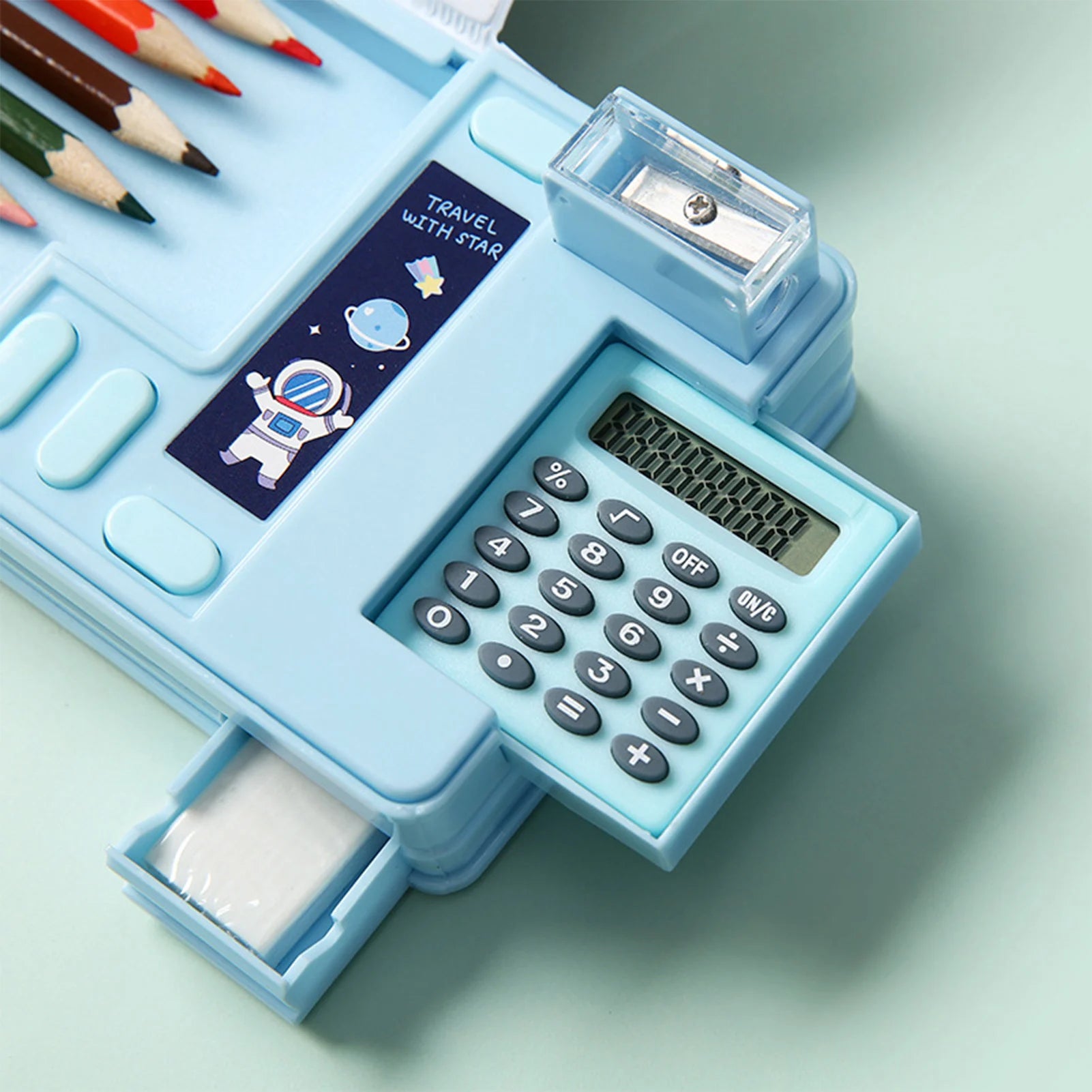Multifunctional Cartoon Pencil Case — Built-in Calculator & Sharpener