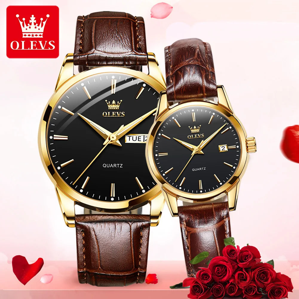 OLEVS 6898 Couple Watches — Luxury Quartz Wristwatch Set with Calendar