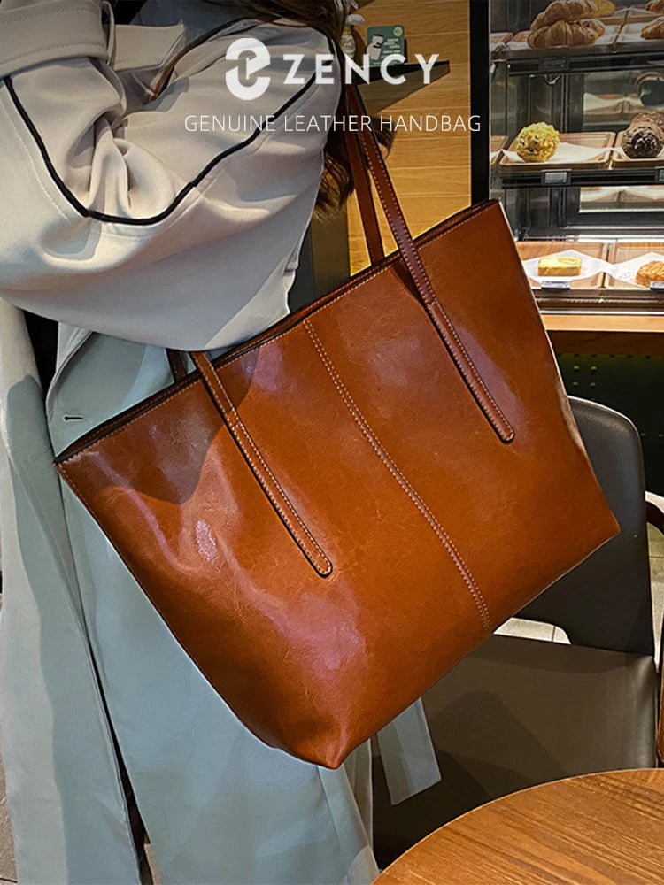 ZENCY Genuine Leather Tote Bag — Large Capacity Shoulder Bag for Work & Travel