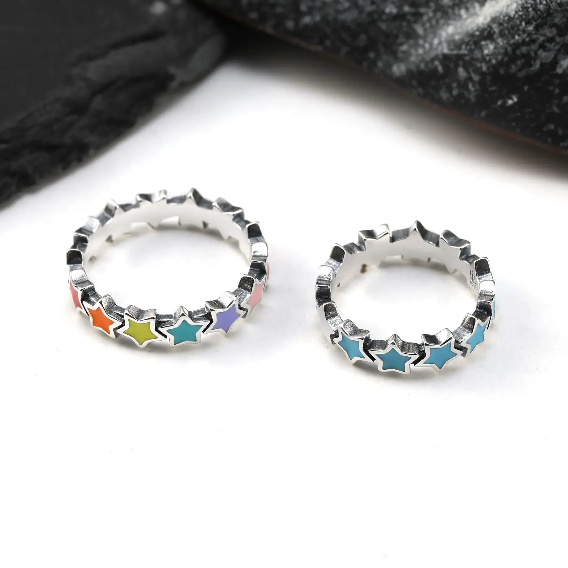 Sterling Silver Rainbow Star Ring — Vibrant Enamel Statement Band