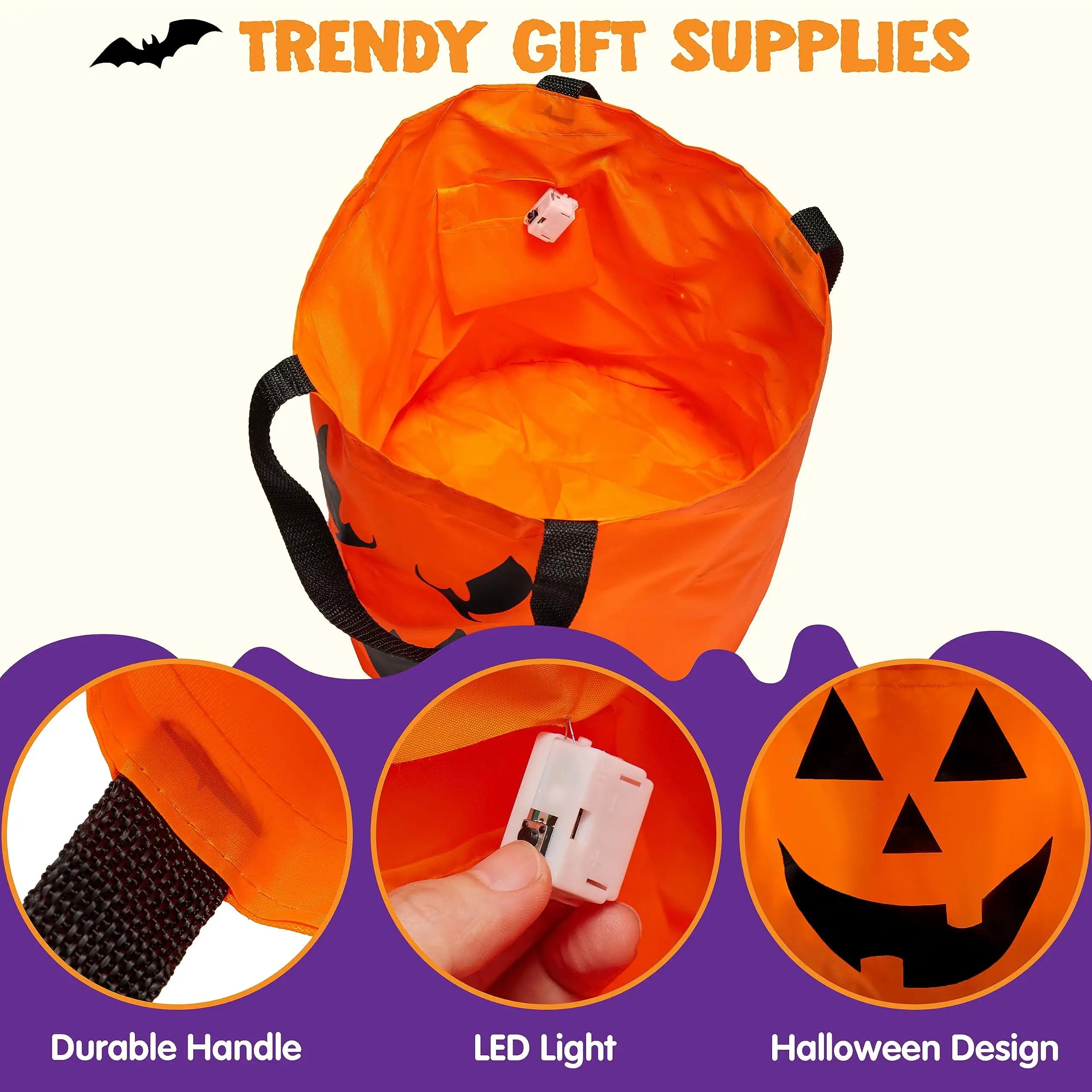 Joyfy LED Pumpkin Candy Buckets — Light-Up Trick or Treat Bags, 2 Pack