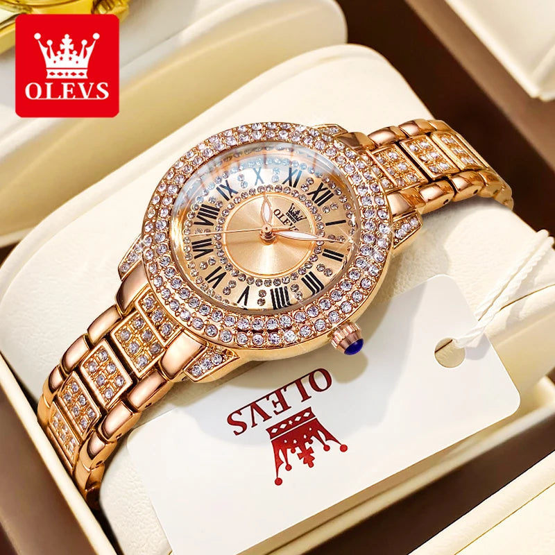 OLEVS 9943 Luxury Quartz Watch — Elegant Diamond Style Stainless Steel