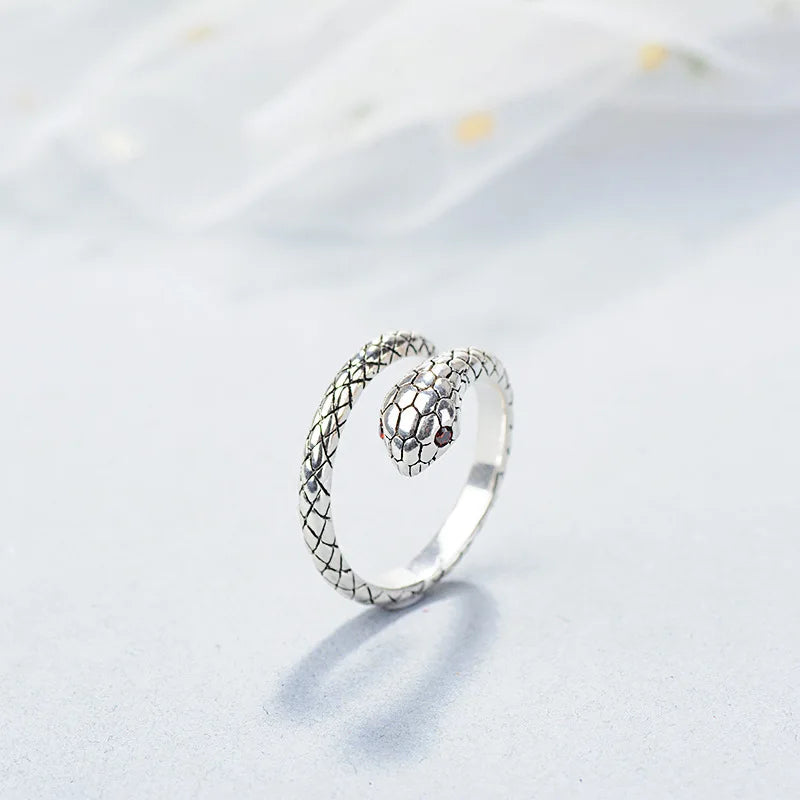 925 Sterling Silver Red Snake Ring — Adjustable Zircon Stackable Jewelry
