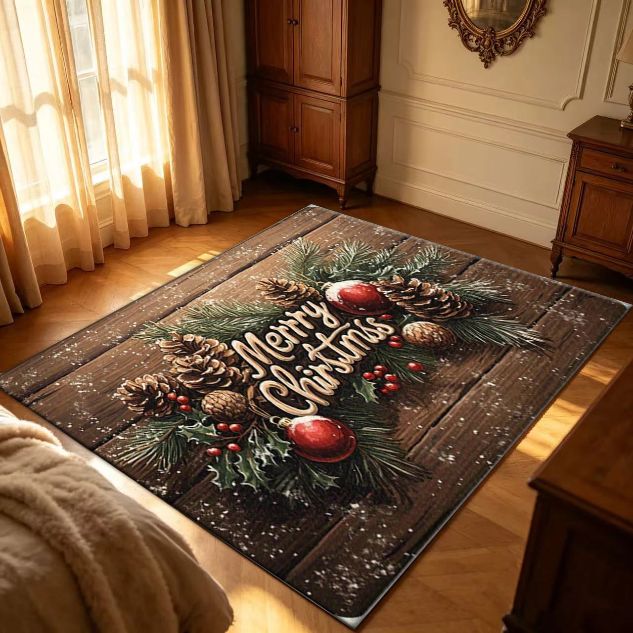Wood Grain Christmas Holiday Area Rug — Festive Pine Cone & Berry Design