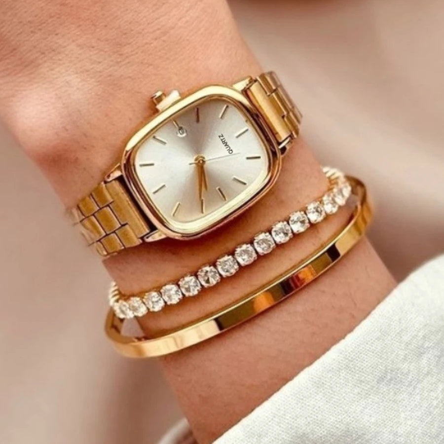 Elegant Square Dial Women's Watch Set — Quartz Movement with Matching Bracelets