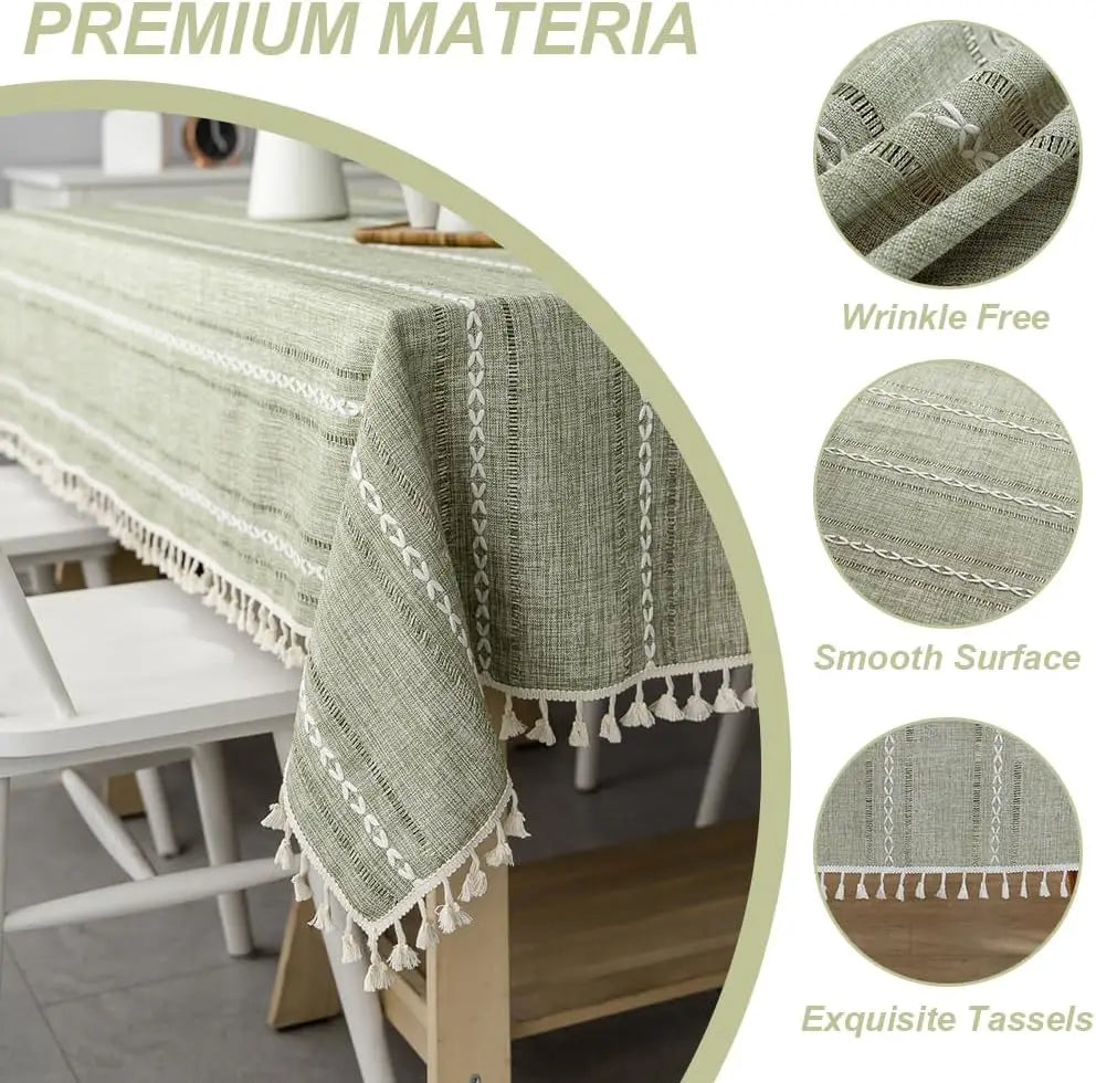 Cotton Linen Stripe Tassel Tablecloth — Stain Resistant Dining Decor