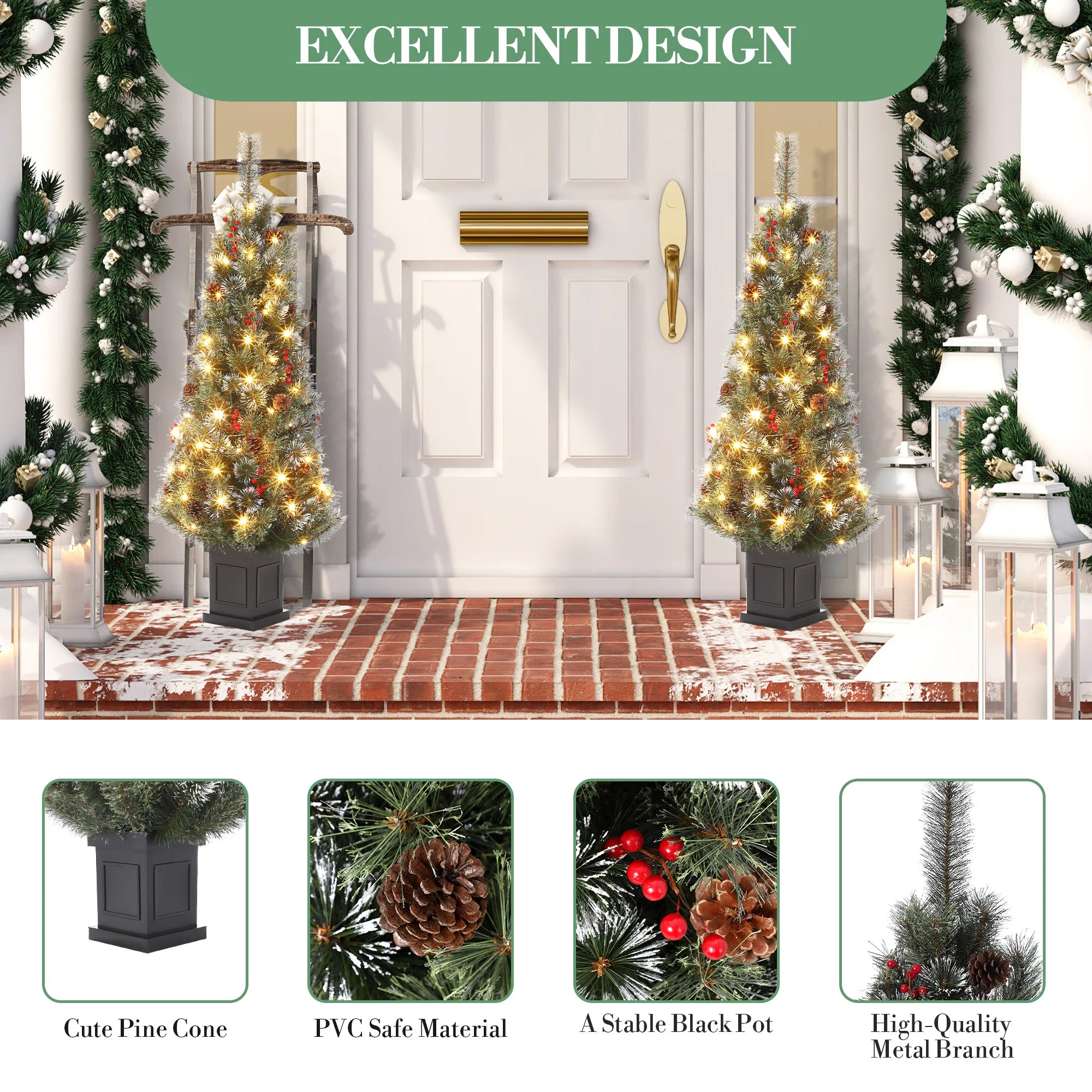 GAOMON 5FT Pre-Lit Snow Flocked Christmas Tree — Festive Decor with Red Berries