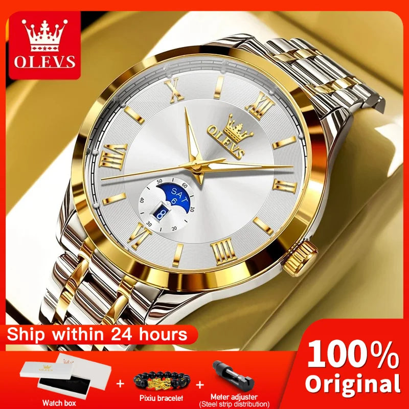 OLEVS 3638 Luxury Men's Quartz Watch — Stainless Steel with Day Date Display
