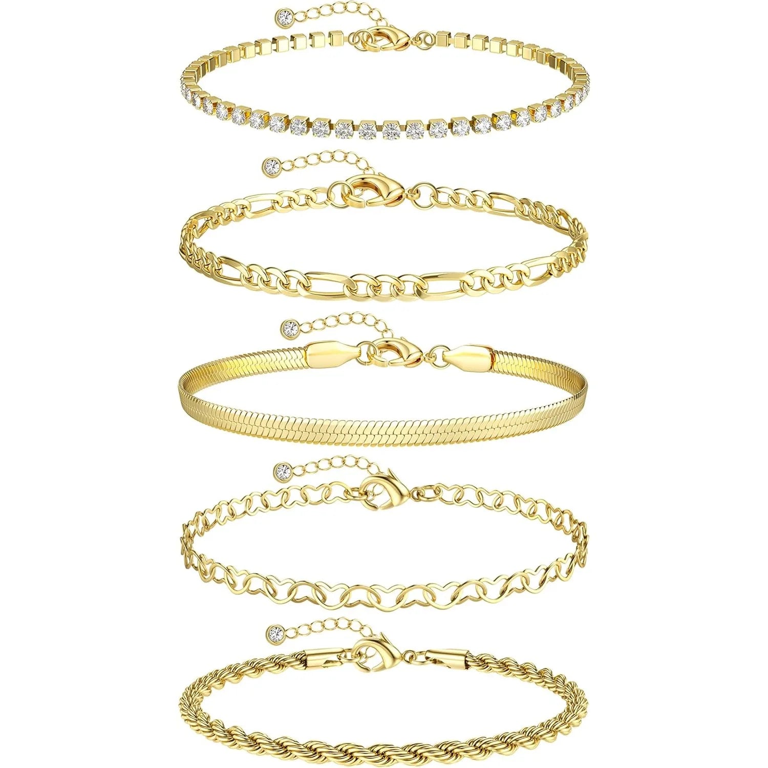 drperfect 5-Piece Gold Ankle Bracelet Set — Waterproof Cuban Link Anklets
