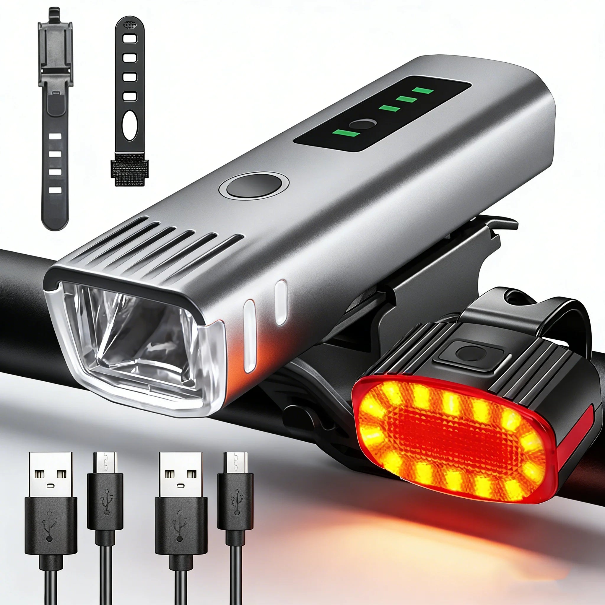 Heinast USB Rechargeable Bicycle Light Set — Waterproof LED Cycling Safety Lamps