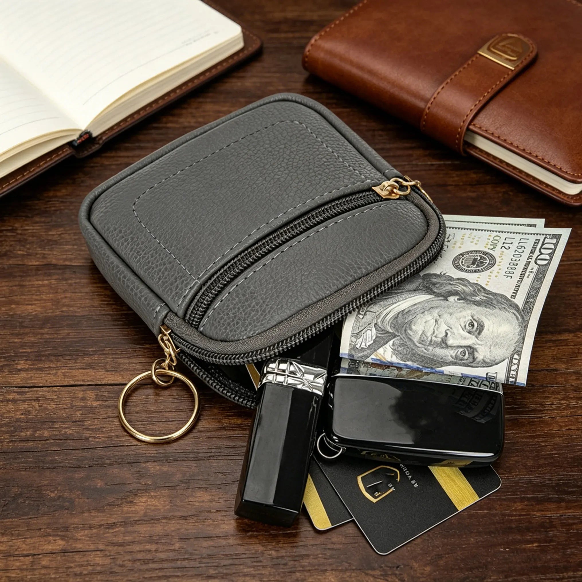 PU Leather Coin Purse — Portable Wrist Bag with Keychain Ring