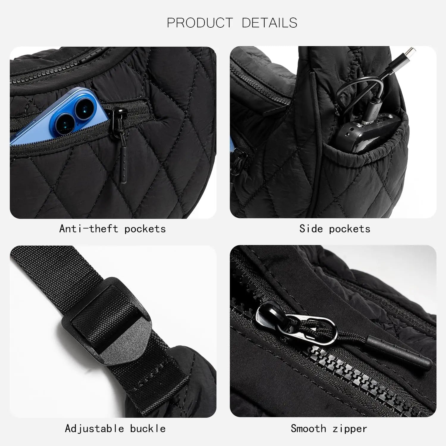 Quilted Puffer Crescent Shoulder Bag — Stylish Nylon Hobo Handbag