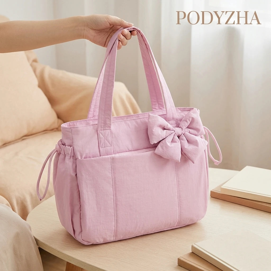 Padded Multi-Compartment Tote Bag — Water-Resistant Laptop Handbag with Bow