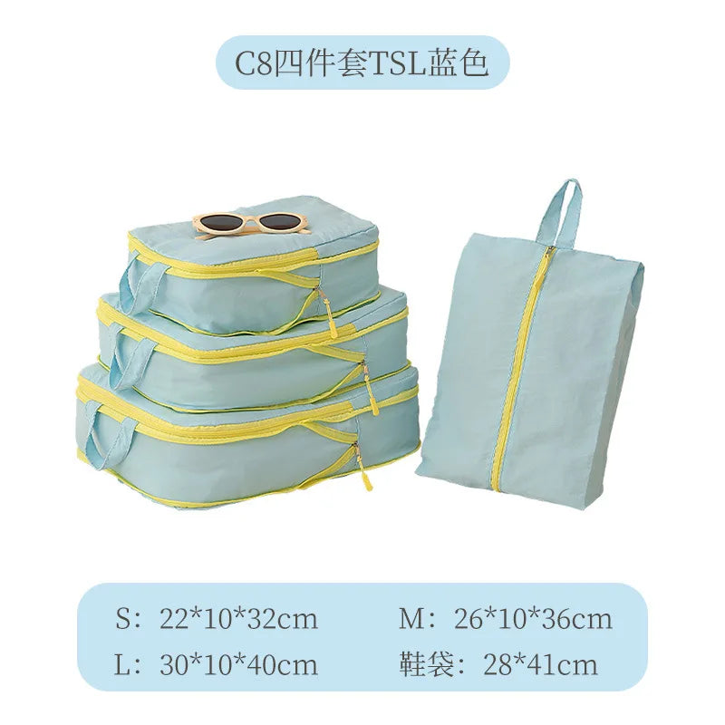Four-Piece Packing Cube Set — Space-Saving Luggage Organizers with Shoe Bag