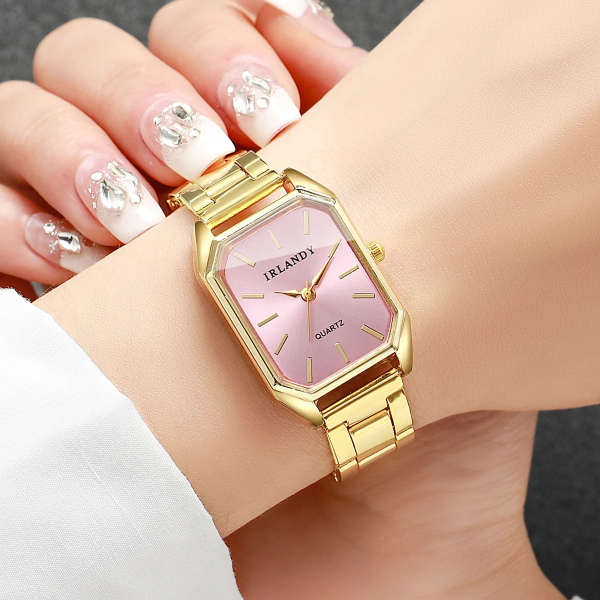 Women's Rectangle Quartz Watch and Rhinestone Bracelet Set — Elegant Jewelry Duo