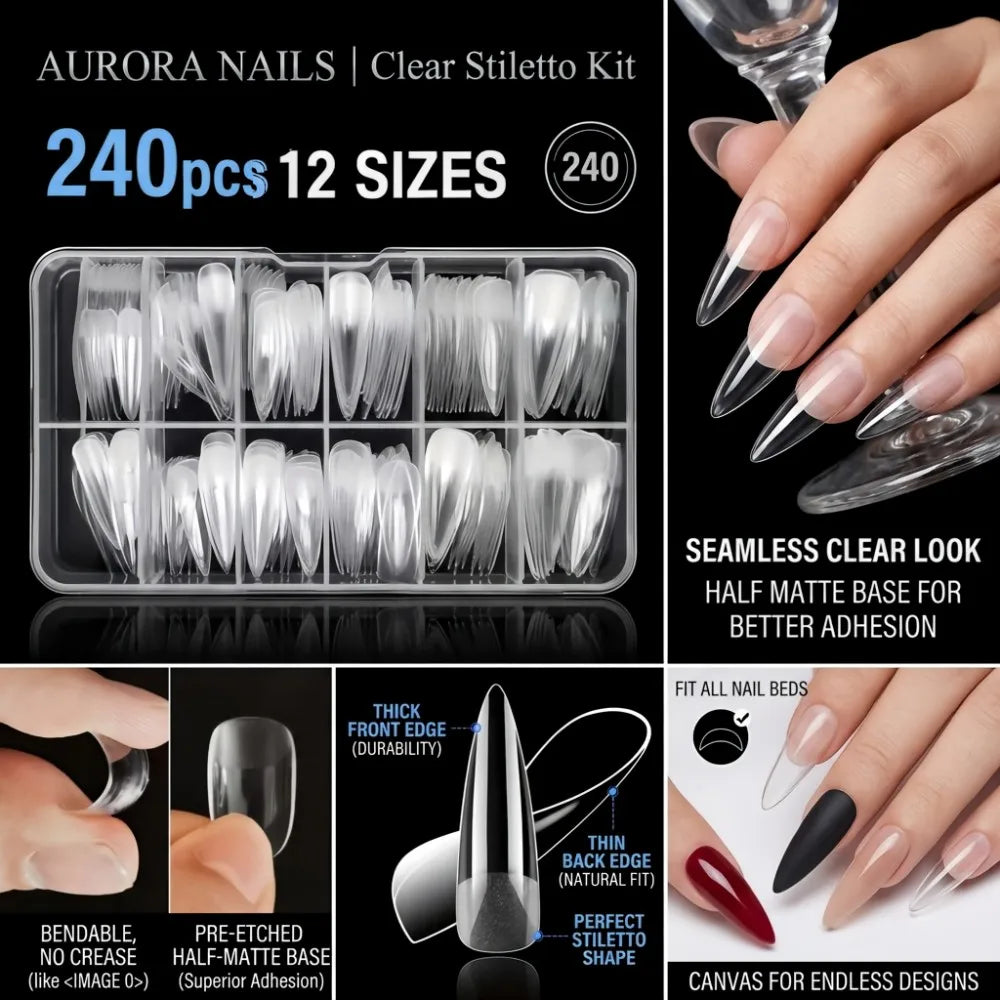 Stiletto False Nail Tips — Clear Full Cover Extensions for DIY Manicure