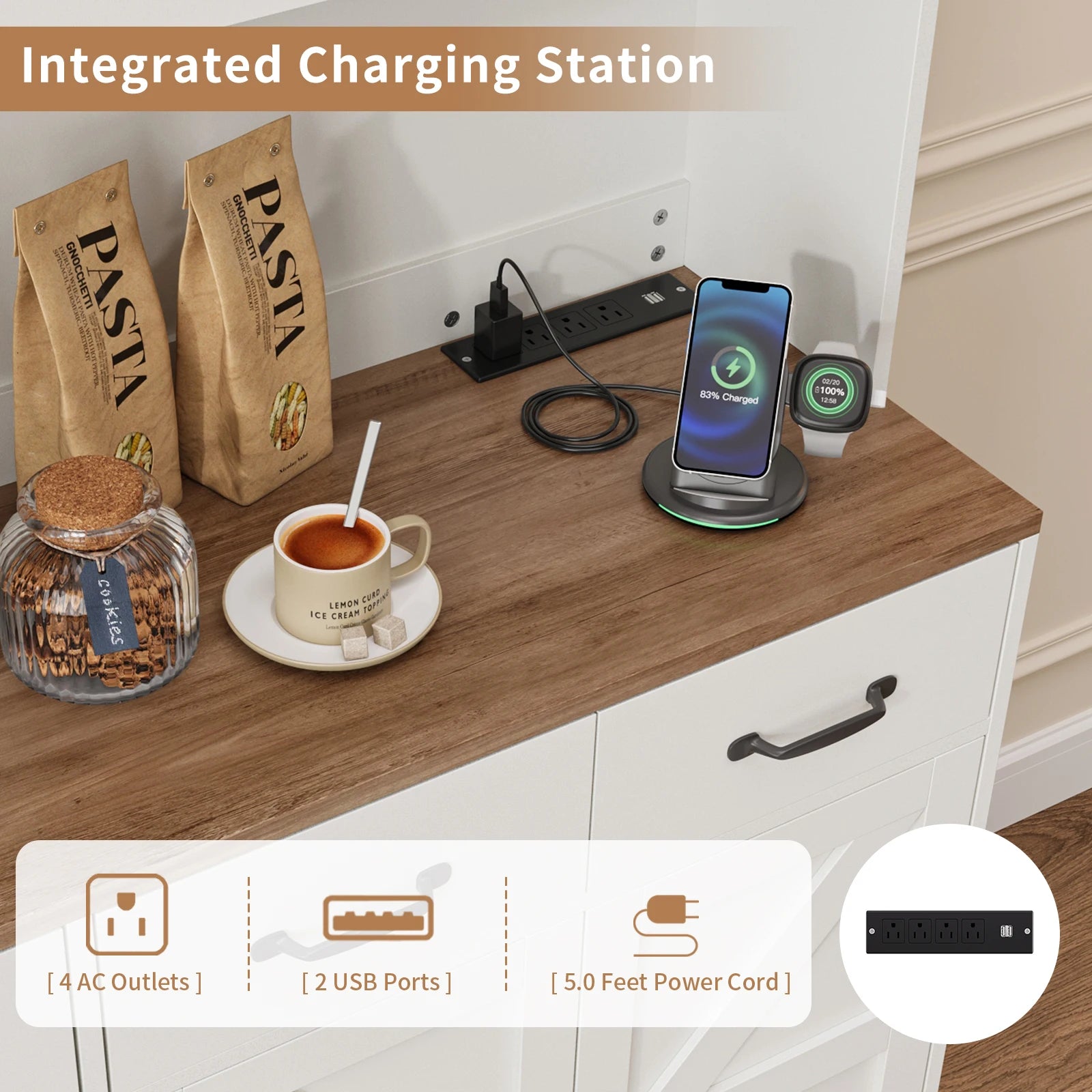 Yanosaku Kitchen Storage Cabinet — Modern Pantry with Built-In Charging Station