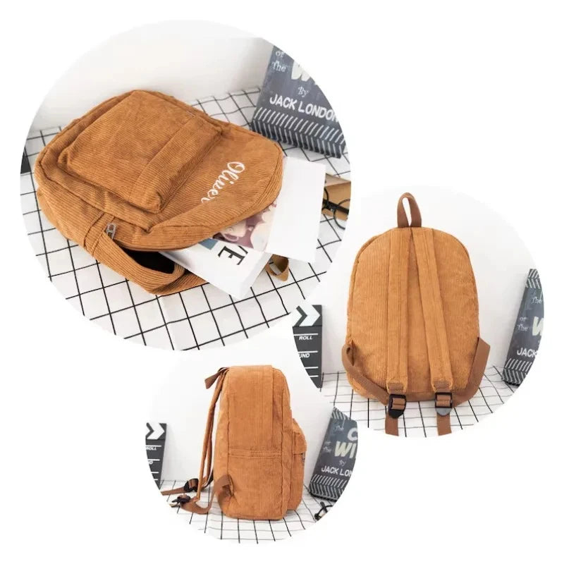 Corduroy Zipper Backpack — Versatile Collegiate Style for Women
