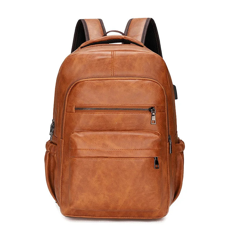 Men's PU Leather Laptop Backpack — Large Capacity Schoolbag with USB Charging