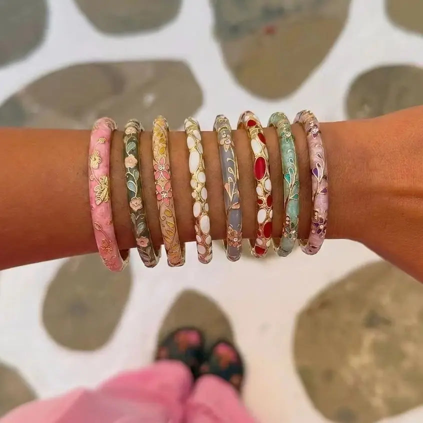 Boho Ethnic Cloisonne Enamel Flower Bracelets — Multicolor Floral Stacking Bangles