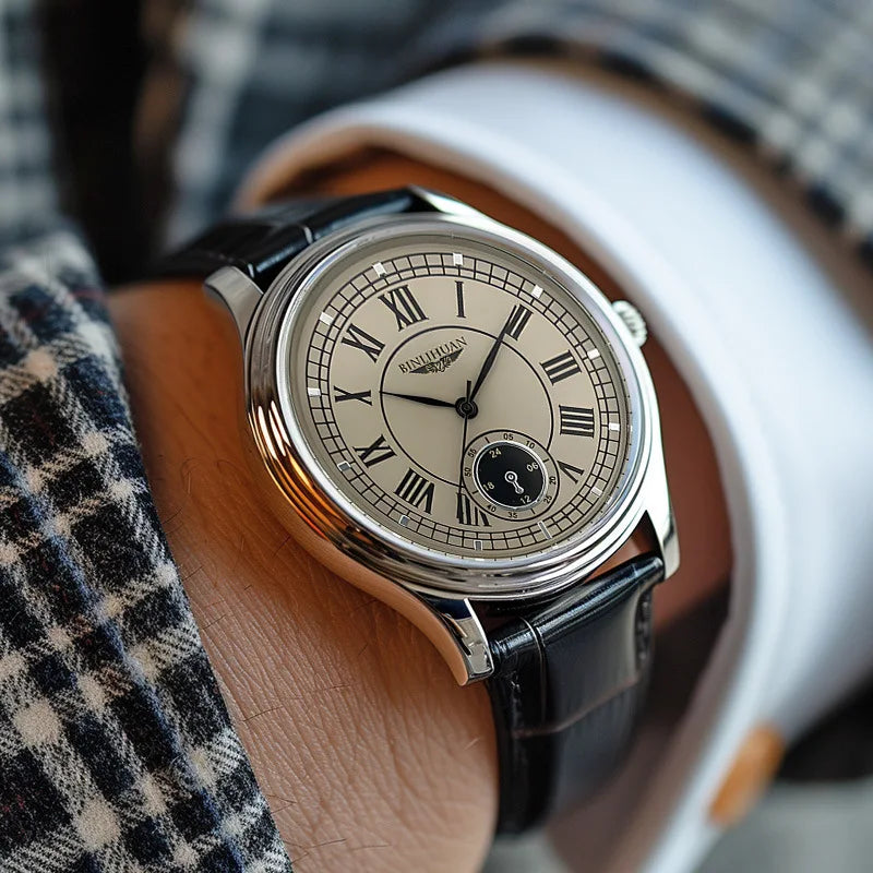 Men's Classic Quartz Watch — Elegant Leather Strap & Roman Numeral Dial