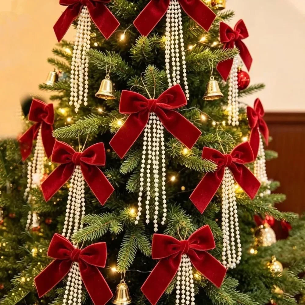 Pearl Flocking Bow Ornament — Festive Holiday Tree Hanging Pendant