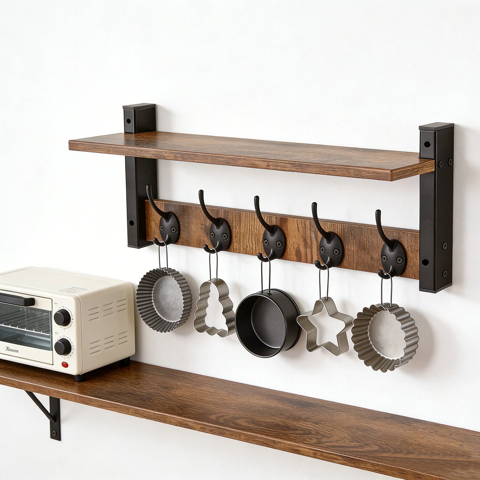 Rustic Wood Wall Shelf Key Holder — Floating Organizer with 5 Hooks