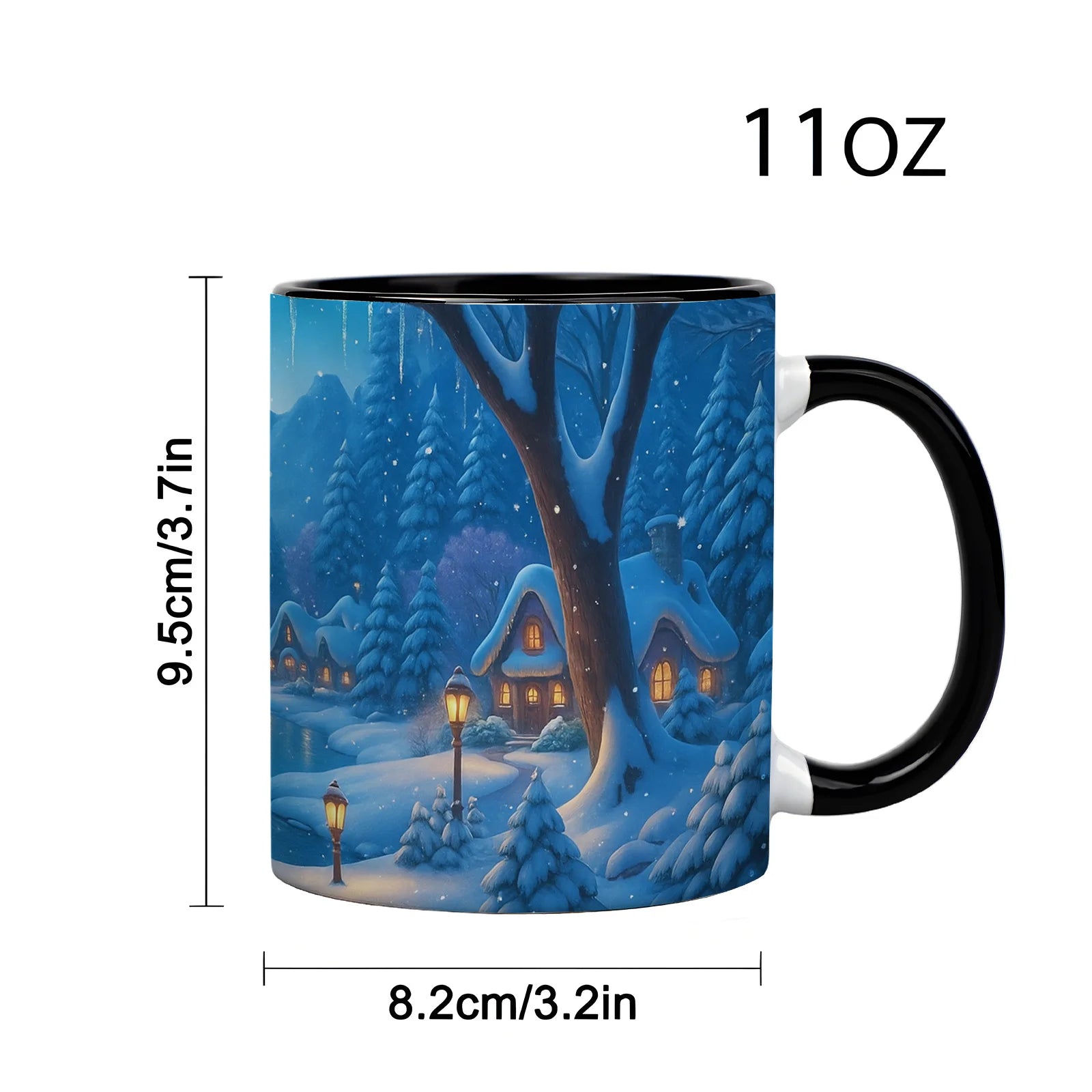 Winter Wonderland Ceramic Mug — Snowy Cottage & River Scene Coffee Cup