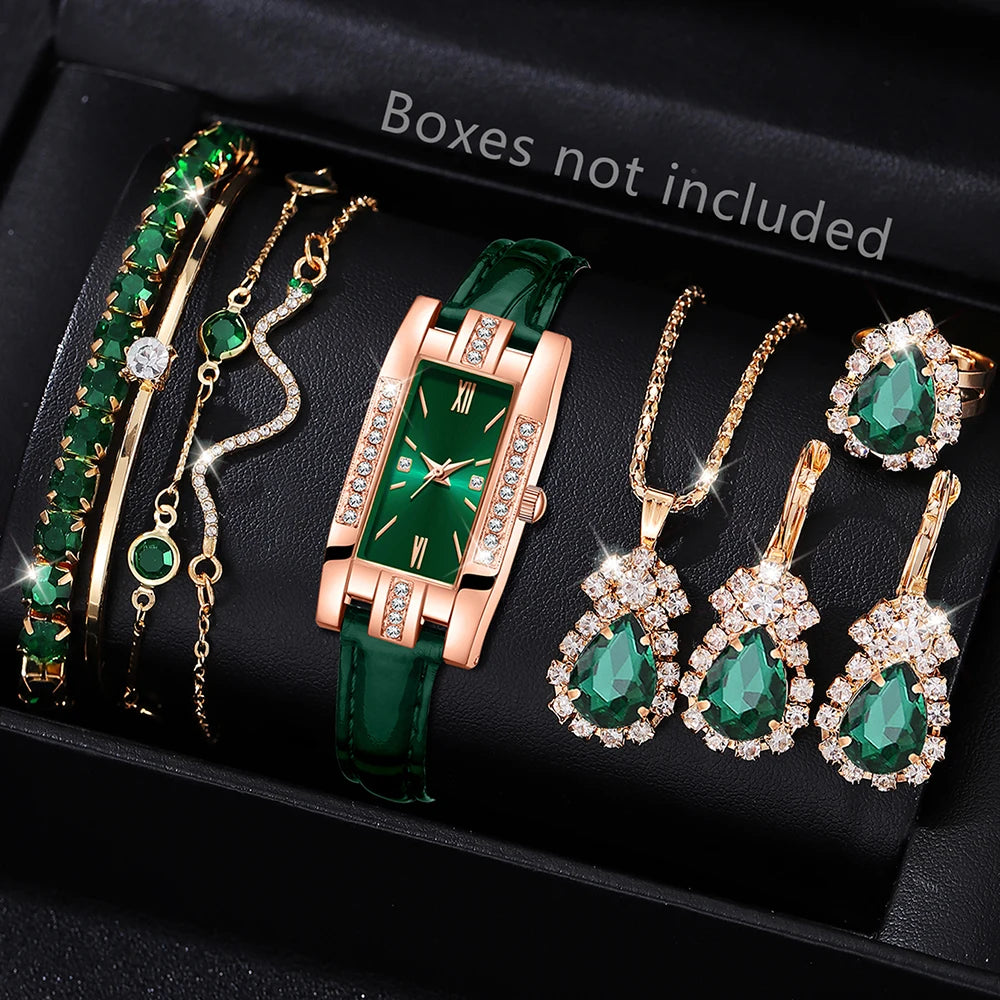 RUNERR Women's Luxury Diamond Quartz Watch — Elegant Green Dial Fashion Set
