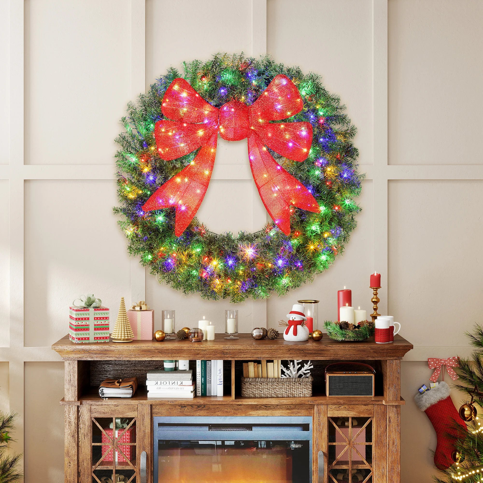 HOMCOM 48in Flocked Christmas Wreath — Pre-Lit with 3D Red Bow