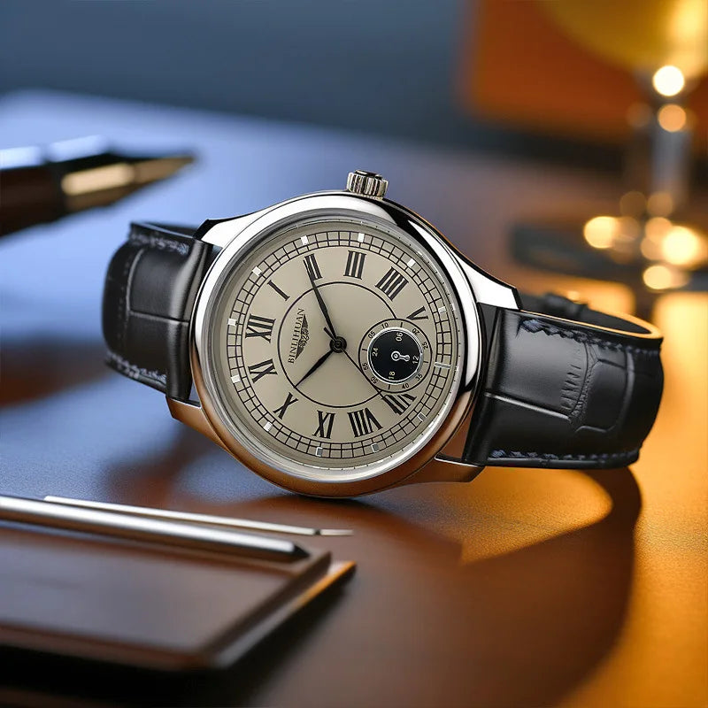 Men's Classic Quartz Watch — Elegant Leather Strap & Roman Numeral Dial