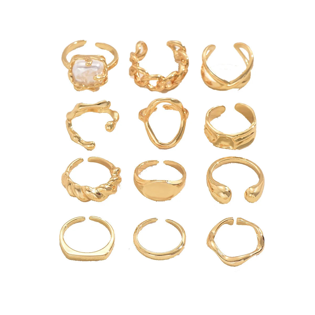 12-Piece Geometric Ring Set — Adjustable Punk Style Metal Jewelry