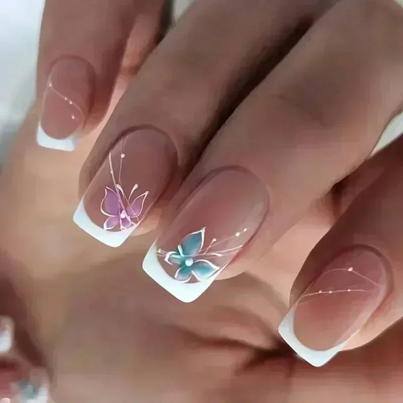 Qsezeny French Tip Press On Nails — Short Coffin Style Frosted Fake Nails