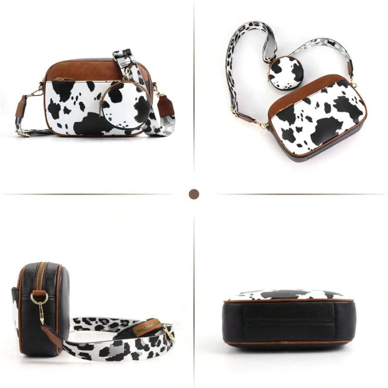 Retro Cow Pattern Crossbody Bag — Stylish Colorblock Shoulder Purse