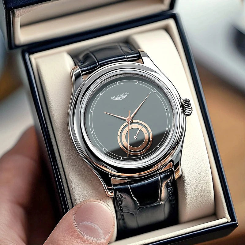 Men's Black Leather Quartz Watch — Elegant Business & Casual Timepiece
