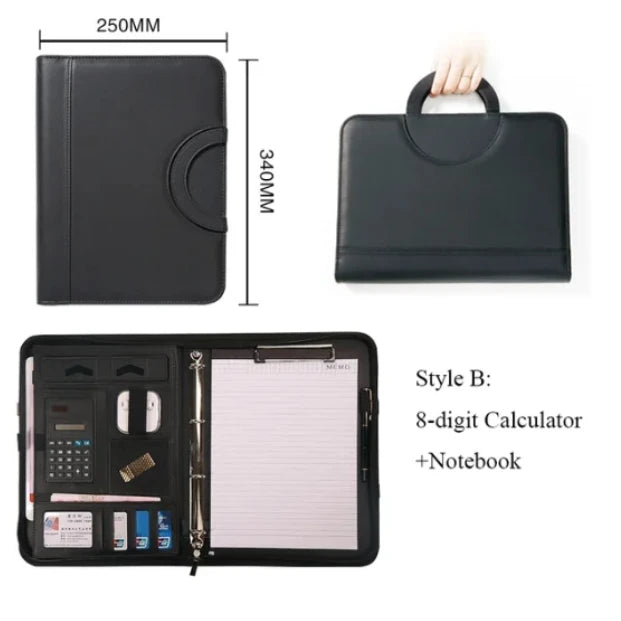 PU Leather A4 Conference File Pad — Professional Zippered Binder & Briefcase