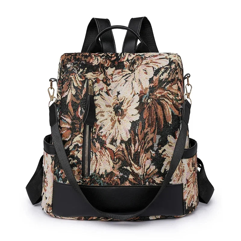Floral Embroidered Nylon Backpack — Large Capacity Travel Rucksack