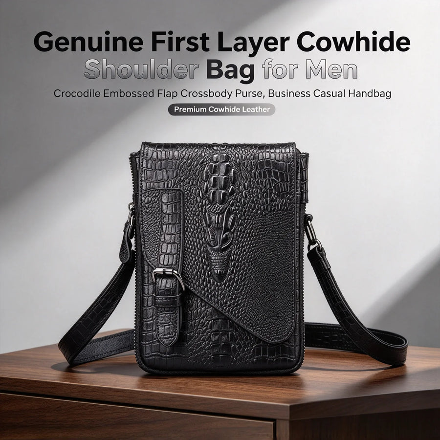 Men's Genuine Cowhide Shoulder Bag — Crocodile Embossed Crossbody Purse