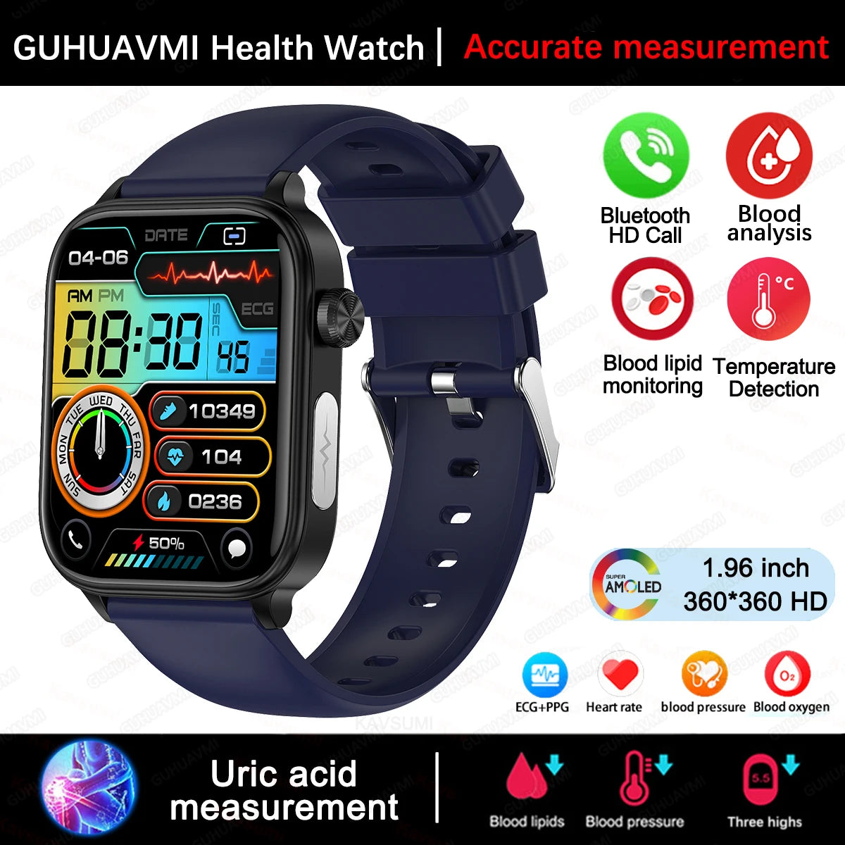 GUHUAVMI Health Smartwatch — Advanced ECG, Blood Pressure & Oxygen Monitor