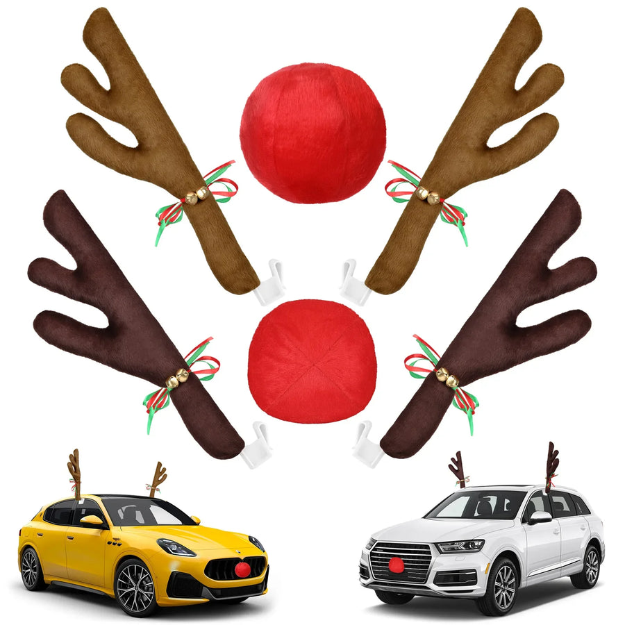 Christmas Car Antlers and Red Nose Set — Funny Holiday Vehicle Decor