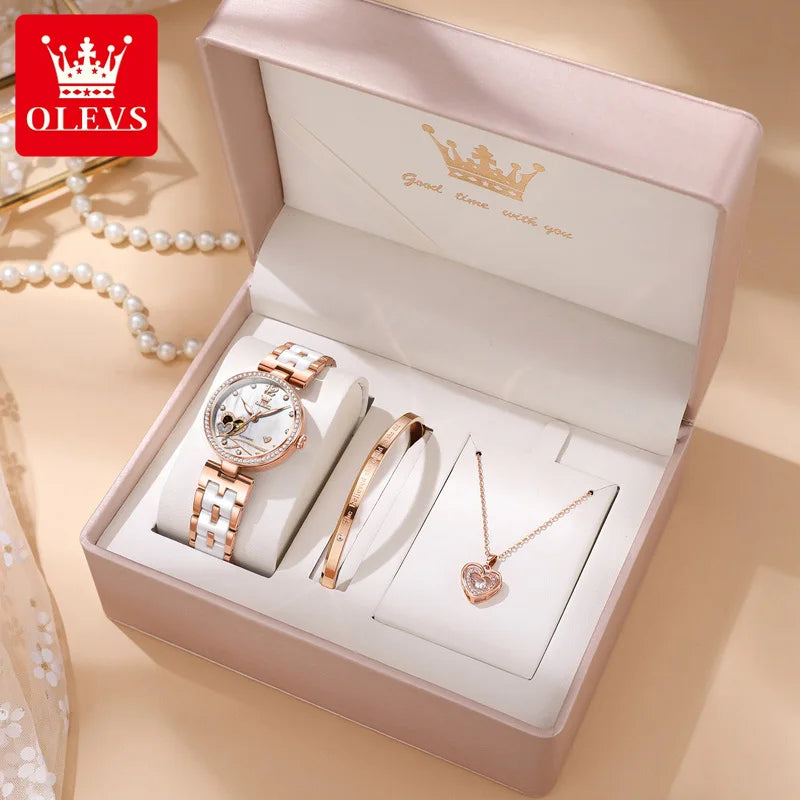 OLEVS 7086 Women's Luxury Watch — Automatic Mechanical Rose Ceramic