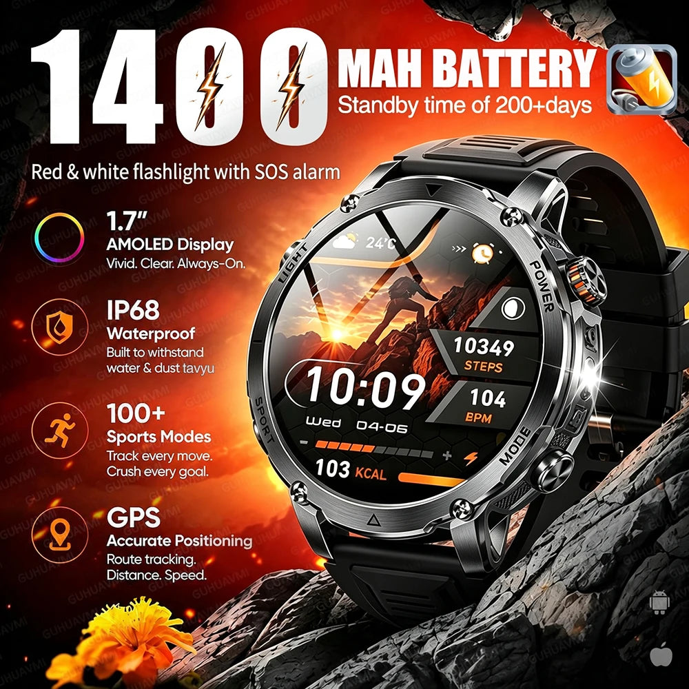 GUHUAVMI Military Smartwatch — 1400mAh Battery with GPS & Flashlight
