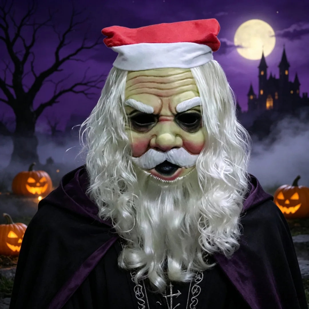 Santa Claus Style Full Head Mask — Includes Hat, Wig & Beard for Cosplay
